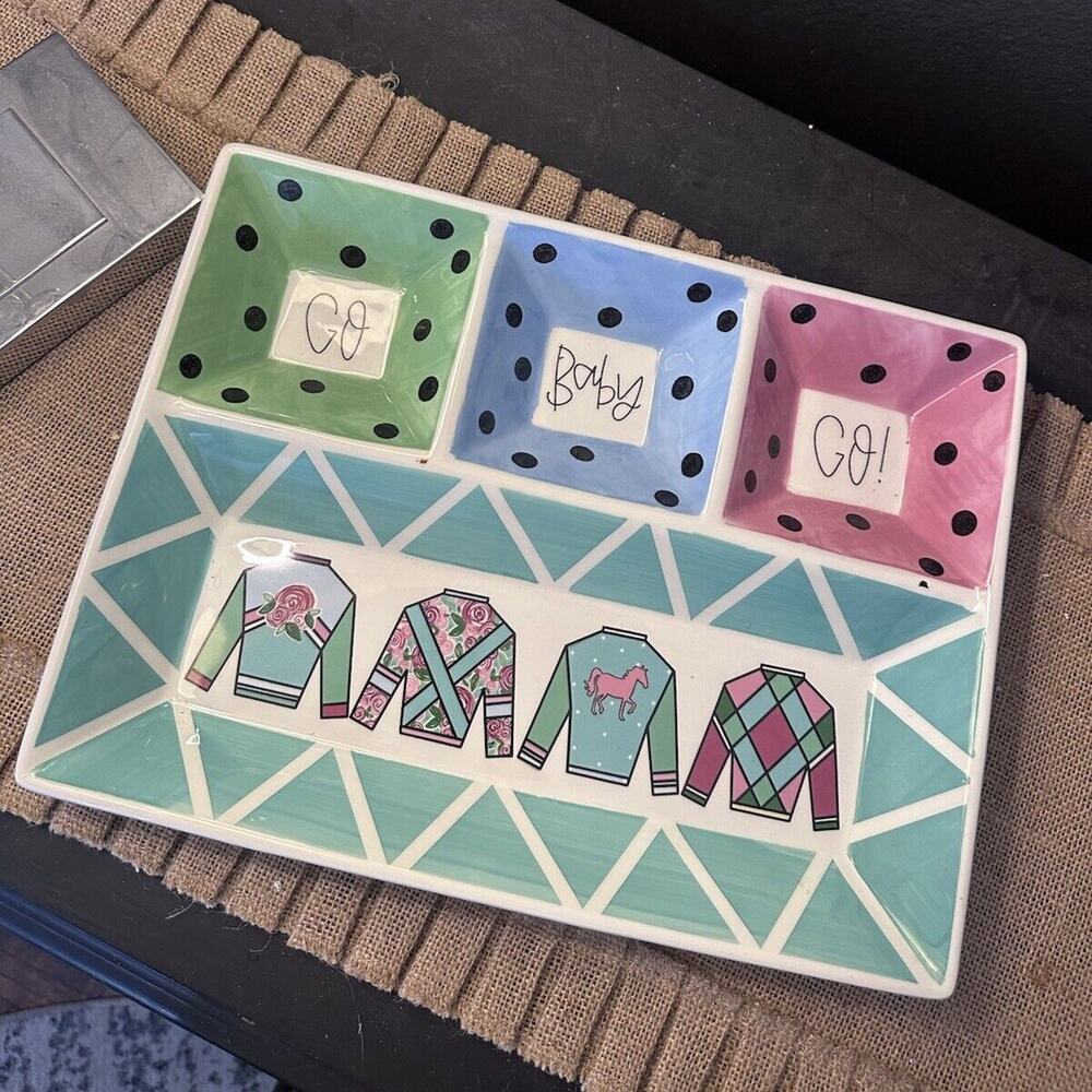 Magnolia Lane "Go Baby Go" Pink Green Preppy Sweater Platter Trinket Tray